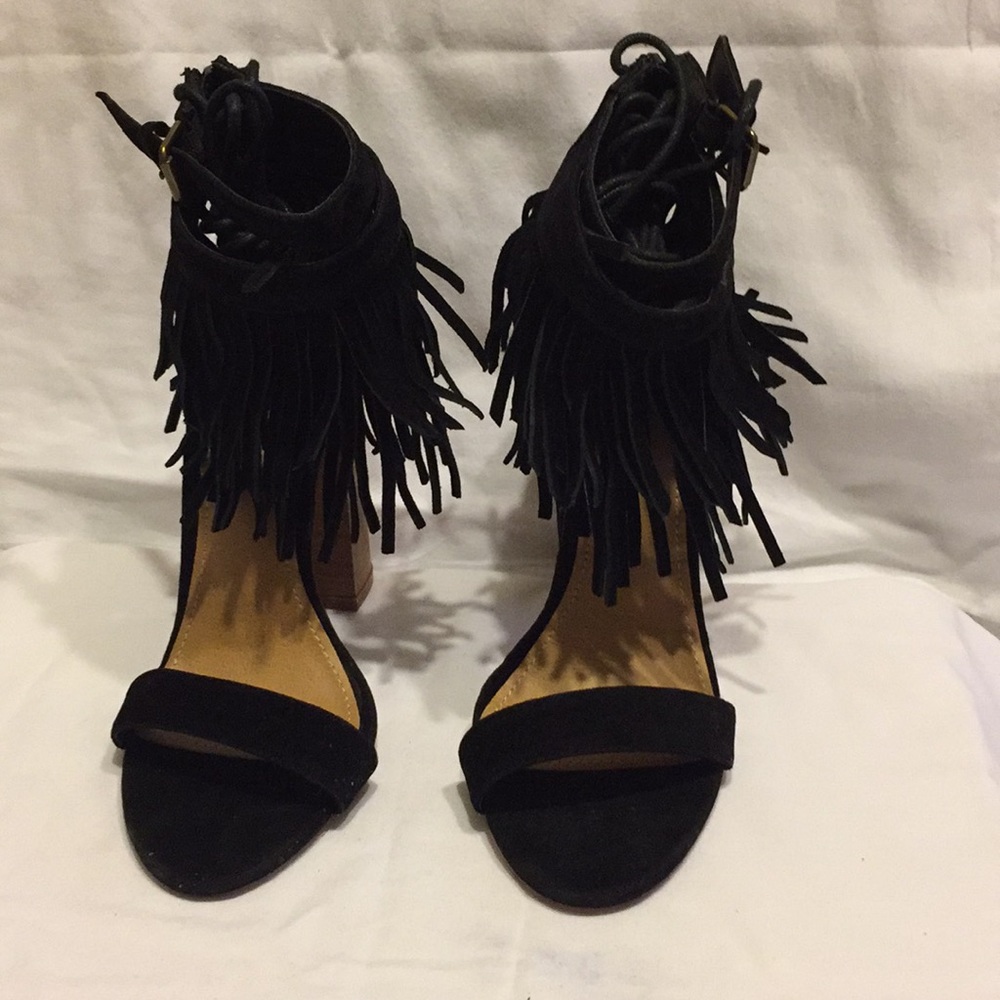 Black Suede Fringed Sandal Heel